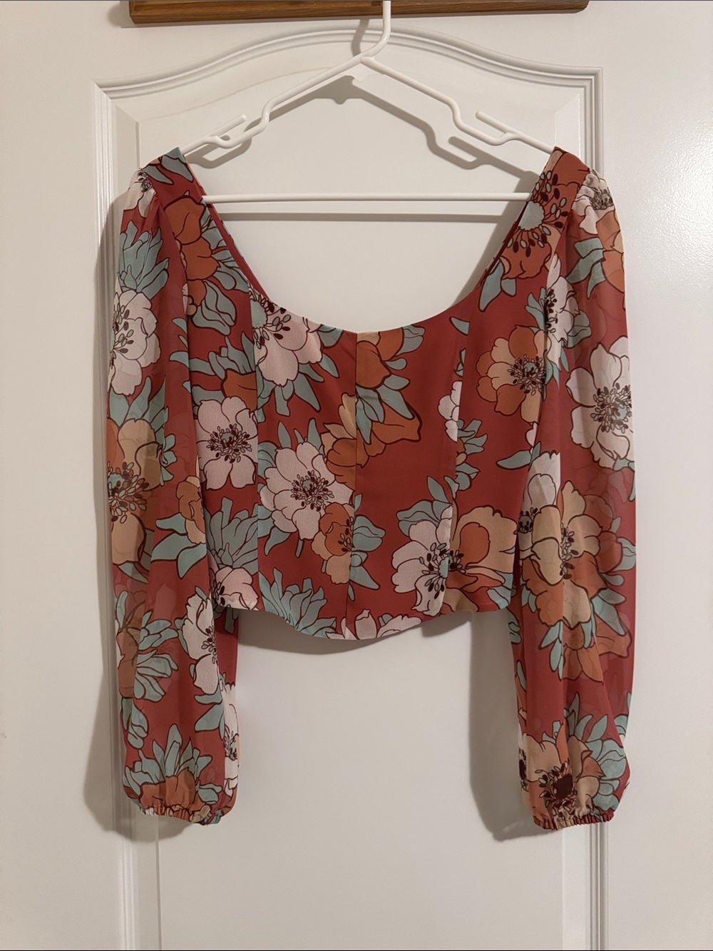 Aritzia Rust Floral Scoop-Neck Long Sleeve Crop Top